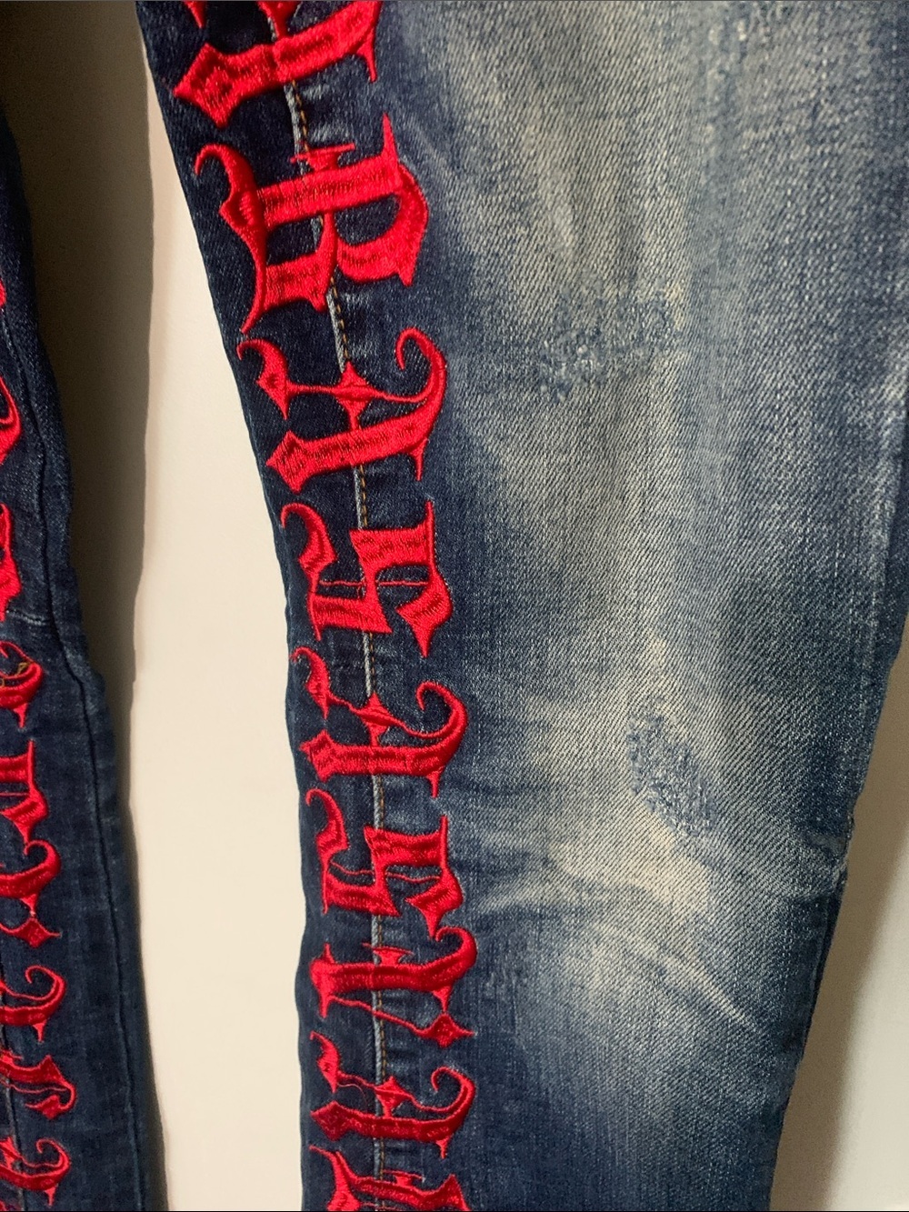Dark Wash Skinny Jeans with Red Embroidered Trim - Picture 2 of 11